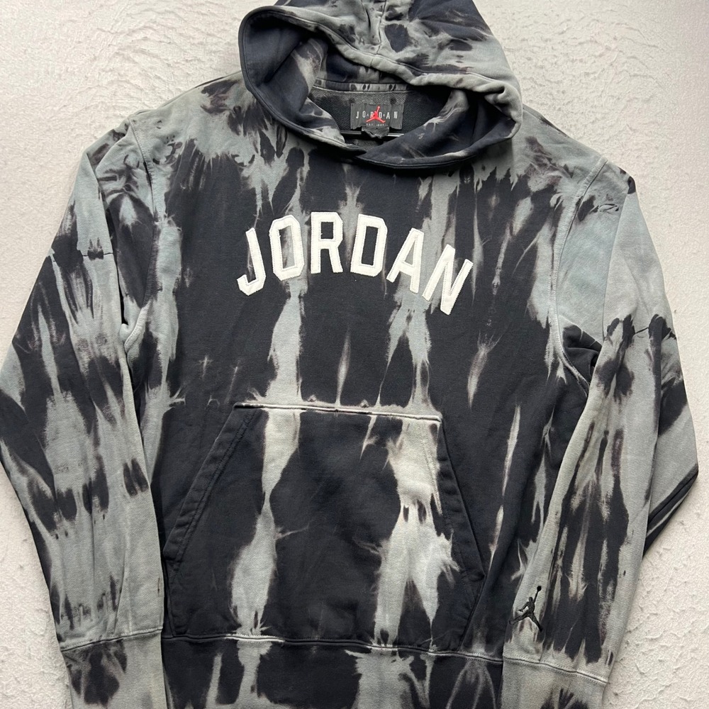 Jordan Tie Dye Hoodie Mens Medium Black Grey Spellout Jumpman Sweatshirt 2482